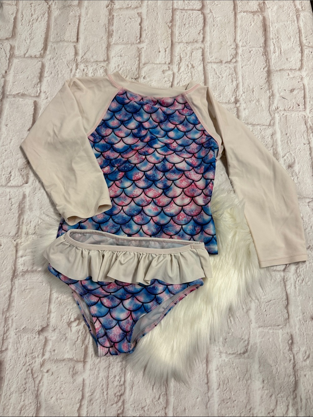 Girls Long-Sleeve Mermaid Scale Rashguard Set - Pink & Blue